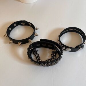 Black Studded Leather Bracelet Set of 3 with Silver Hardware - Women Accessories